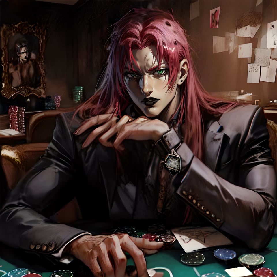 diavolo, 1boy, long hair, suit detailed, dramatic lighting, hq, hd, black lips, wallpaper, tattoo, green eyes, realistic, soft shading, detailed textures, realistic hair,Male focus, interior, floral walls, desk, mafia boss, mob boss, casino, gold furnature, fancy, wrist watch