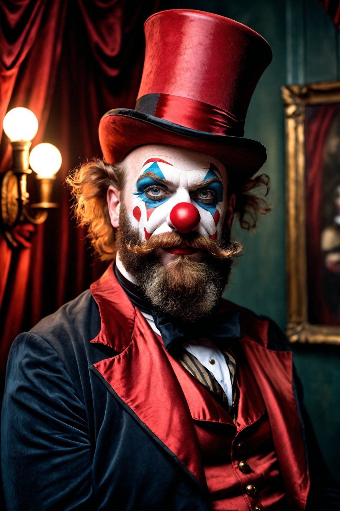 Award-winning photo, victorian freak show, metal clown, old, red circus outfit, magnificent beard,top hat, greedy smile, dark atmosphere