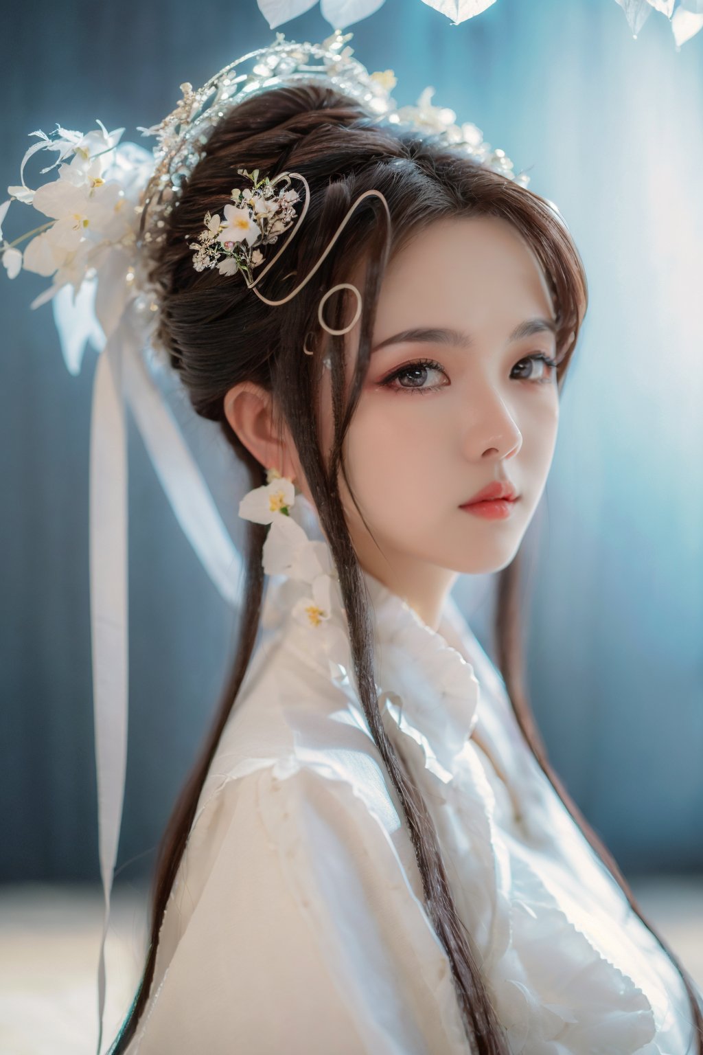 masterpiece,best quality,best quality,Amazing,beautiful detailed,eyes,1girl,finely detail,Depth of field,extremely detailed CG unity 8k wallpaper,bainv,solo,bainv,solo,flower,blue_sky,black_hair,sky,brown_eyes,day,long_hair,<lora:BN-000008:0.8>,<lora:capricornus_前任回忆录_v1.5:0.7>,