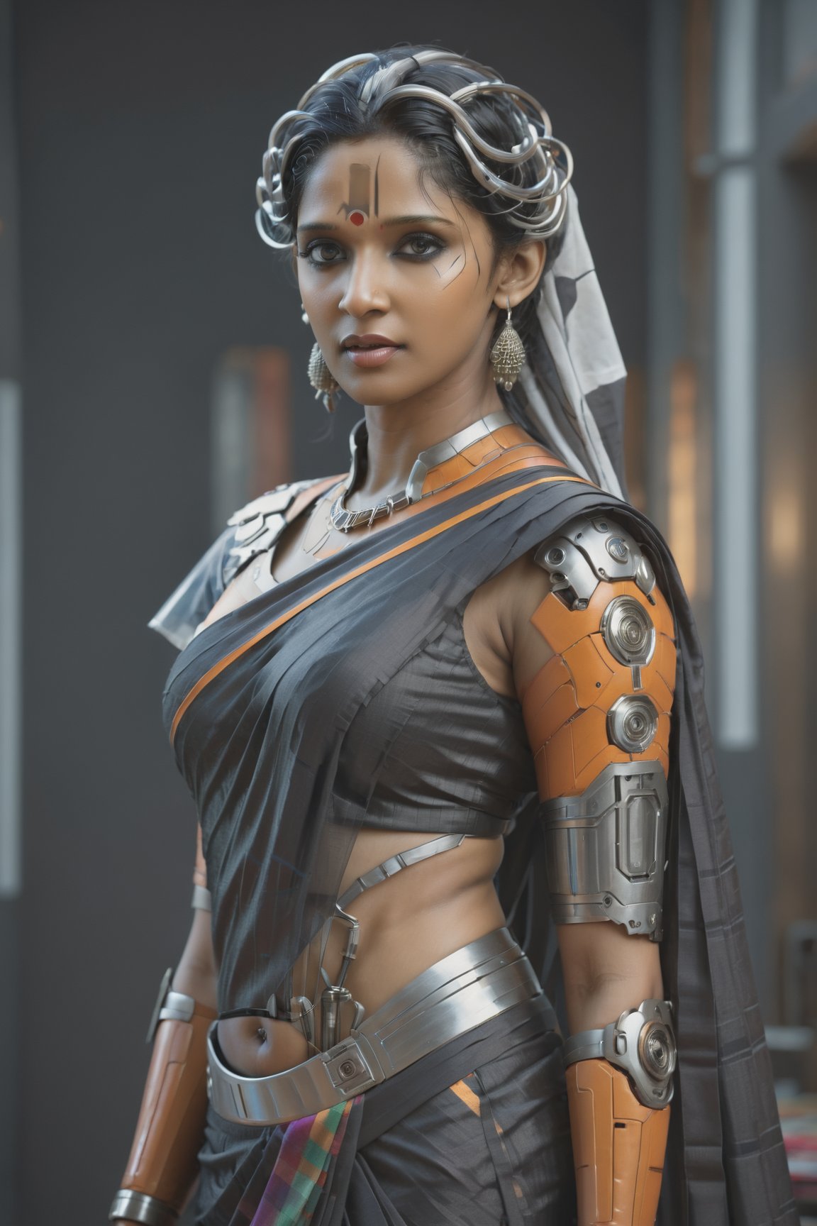 (Nyla Usha:1.4)highly detailed, sharp focus, textures, Nyla Usha:1.3), ultra detail.,Indian,Saree,Realism,NylaUsha,Actress,more detail XL,cyberpunk style