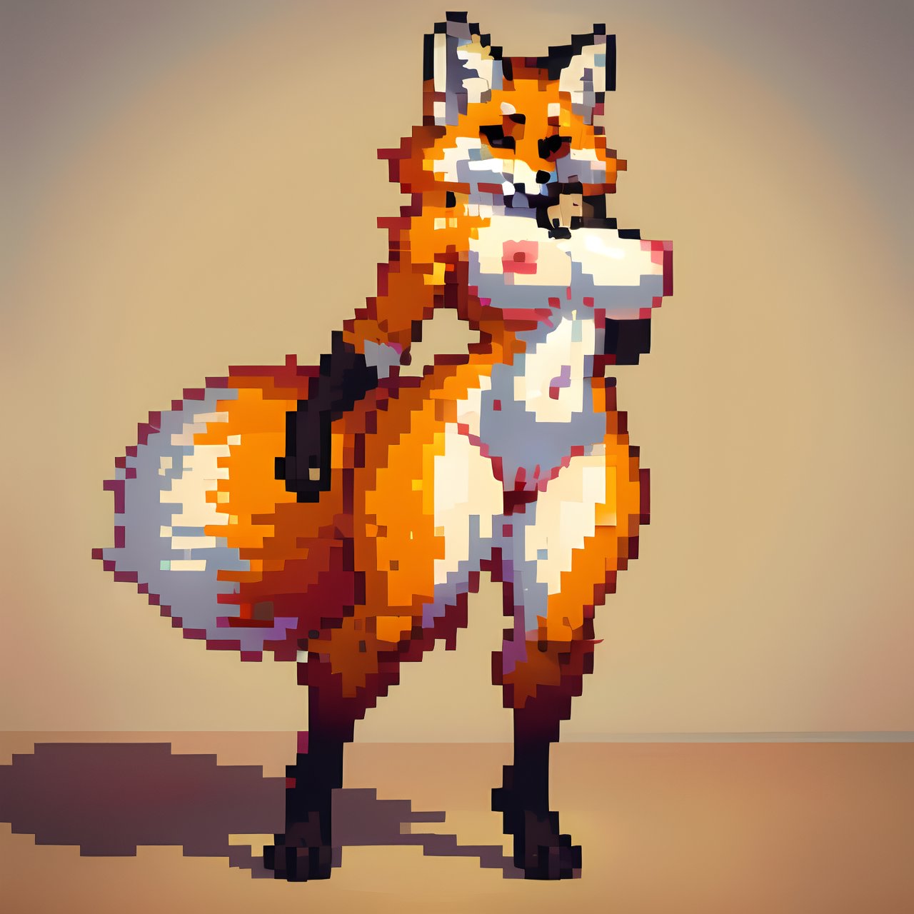 fox girl. full body, furry pussy, open leg, big breasts,photorealistic. Sexy figure, one fewcovering her hairy chest.,Pixel art