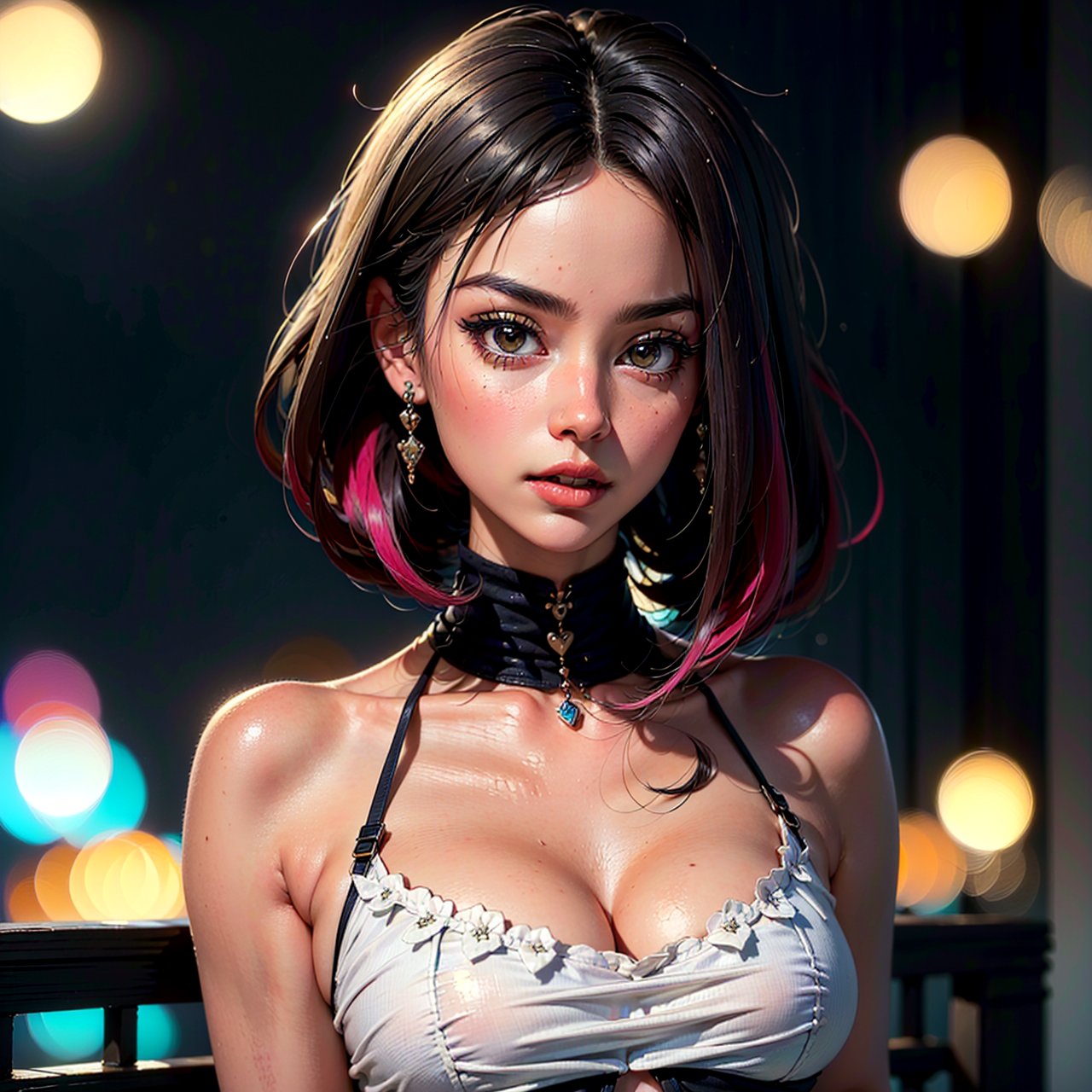 (1girl:1.2), ((beautiful face, detailed face:1.3),  (masterpiece:1.4,  best quality),  unity 8k wallpaper,  ultra detailed,  alluring pose,  beautiful and aesthetic,  (sexy clothes, colourful),  detailed, solo, crop top, lob cut, black, colourful highlights, depth_of_field, (Bokeh, castle, royal palace, chandler), dollgirlKA,