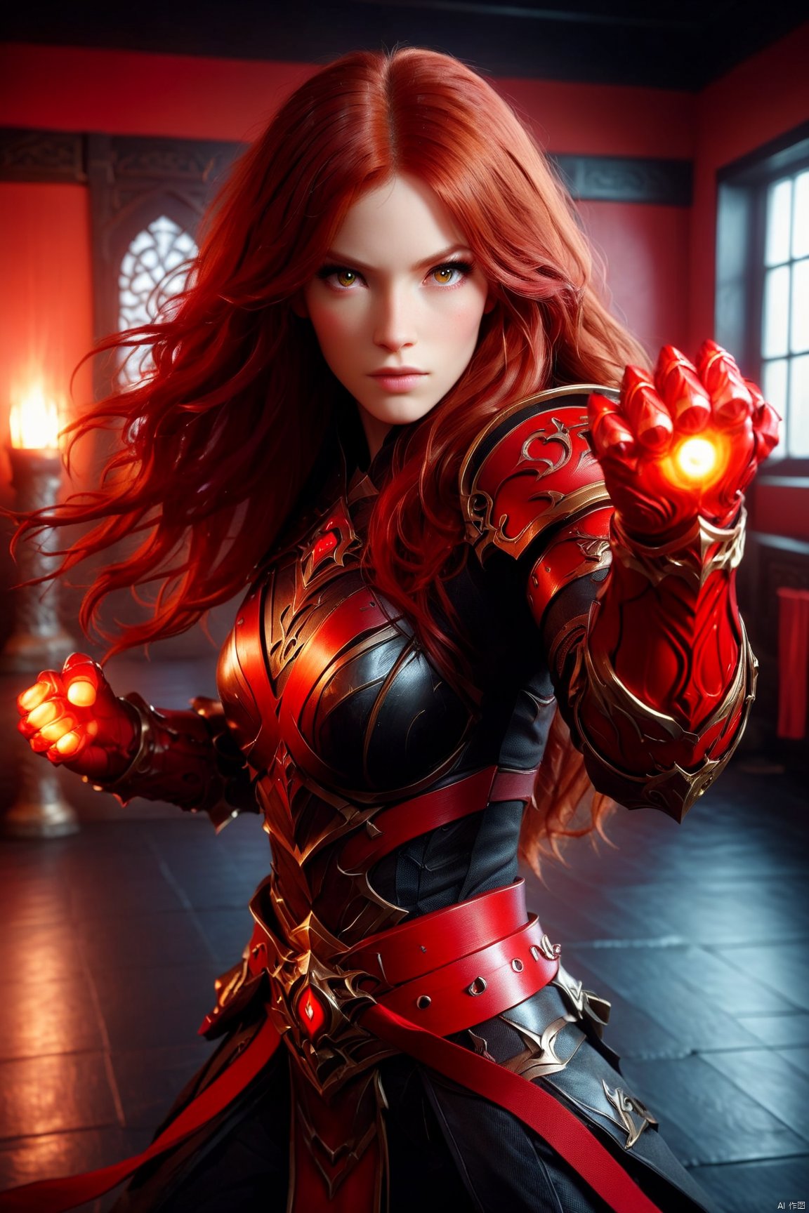 photograph of a woman, long wavy red hair, fantasy dungeons & dragons dark monk outfit, wearing a pair of red fist gauntlets, in a martial arts dojo, shot with an olympus om-1, flattering lighting, ultra realistic,  , Fist Gauntlets