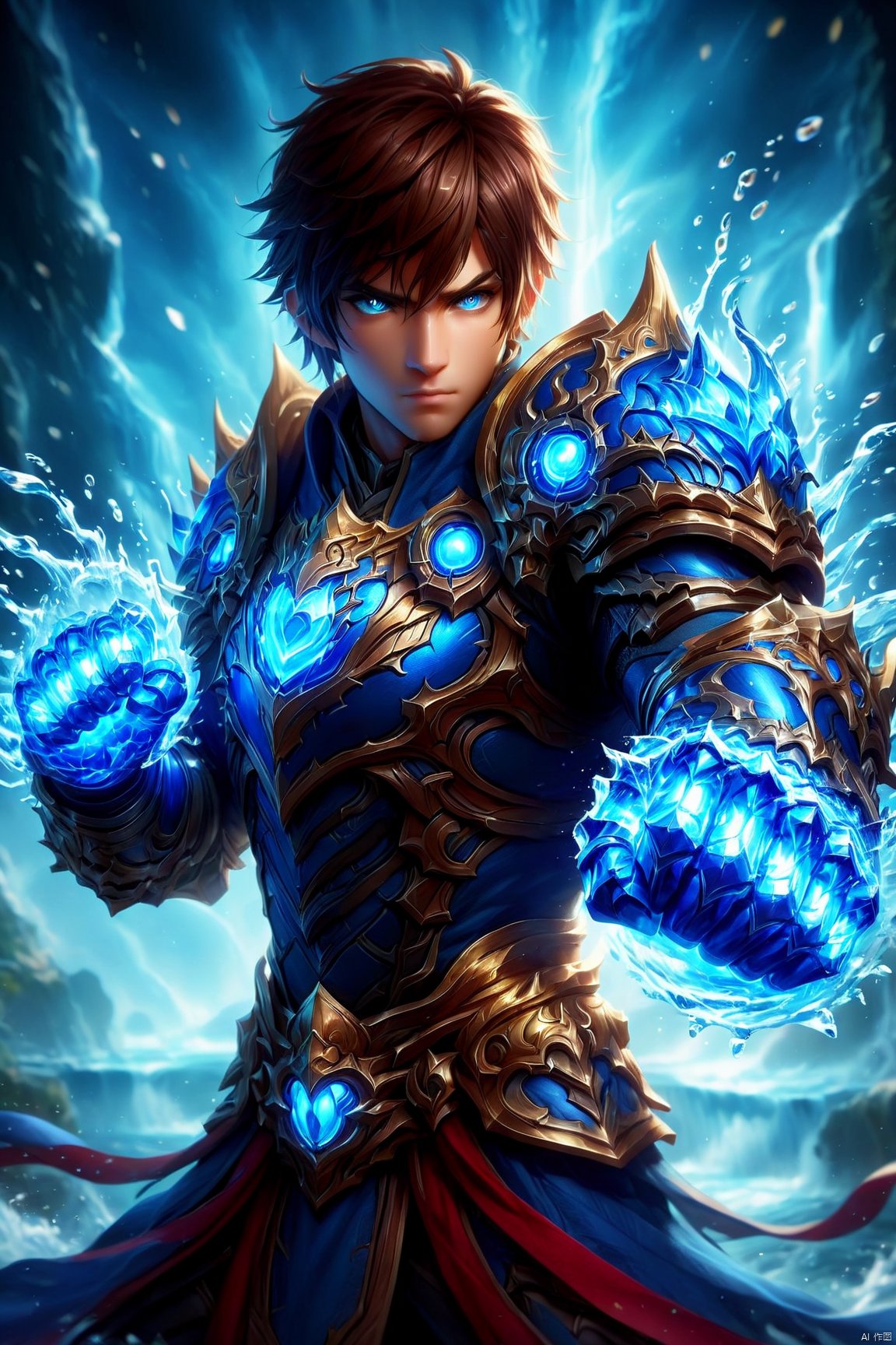 an detailed and realistic image of a fantasy game character wielding glowing water fist gauntles, wearing blue armor, amazing quality, water allay in background, digital art, HD, masterpiece, best quality, hyper detailed, ultra detailed, Fist Gauntlets, guangying on face