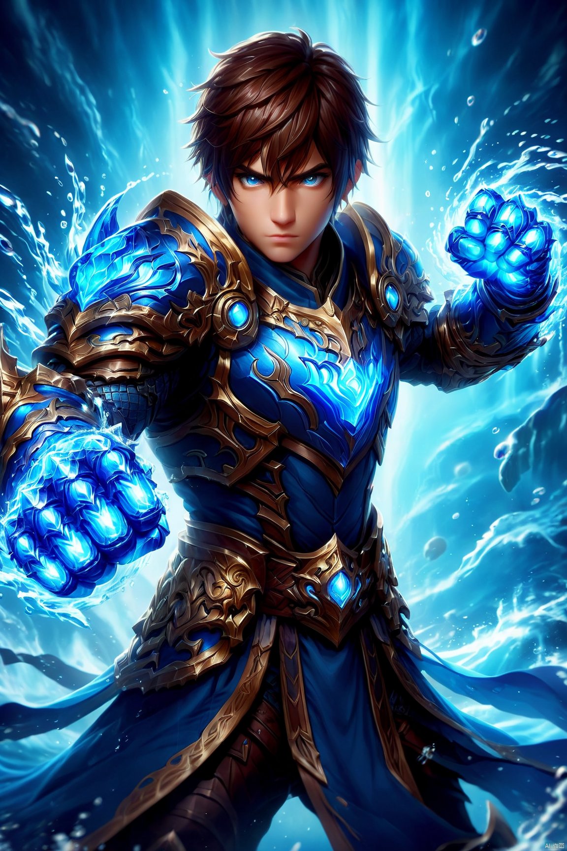 an detailed and realistic image of a fantasy game character wielding glowing water fist gauntles, wearing blue armor, amazing quality, water allay in background, digital art, HD, masterpiece, best quality, hyper detailed, ultra detailed, Fist Gauntlets, guangying on face