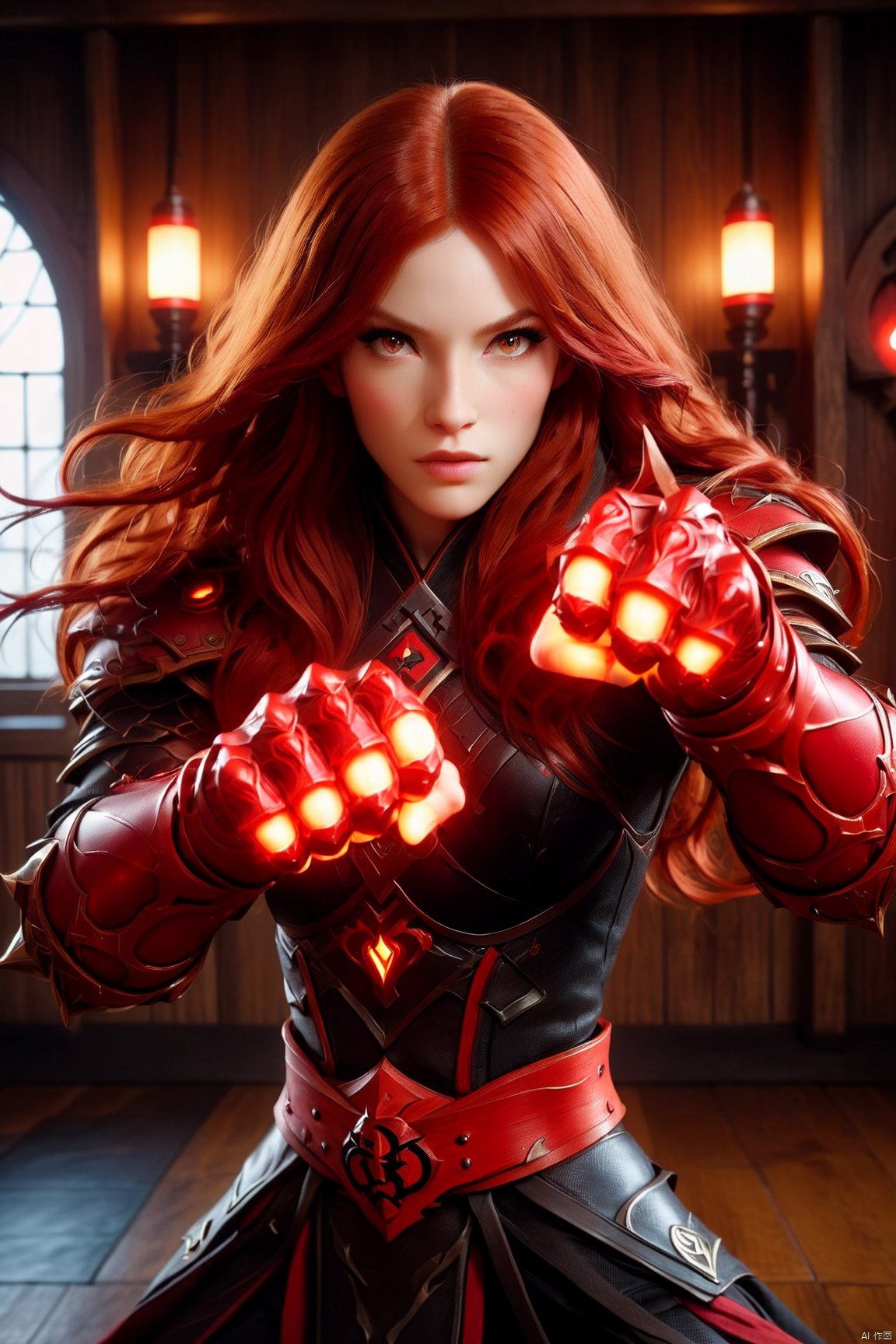 photograph of a woman, long wavy red hair, fantasy dungeons & dragons dark monk outfit, wearing a pair of red fist gauntlets, in a martial arts dojo, shot with an olympus om-1, flattering lighting, ultra realistic,  , Fist Gauntlets