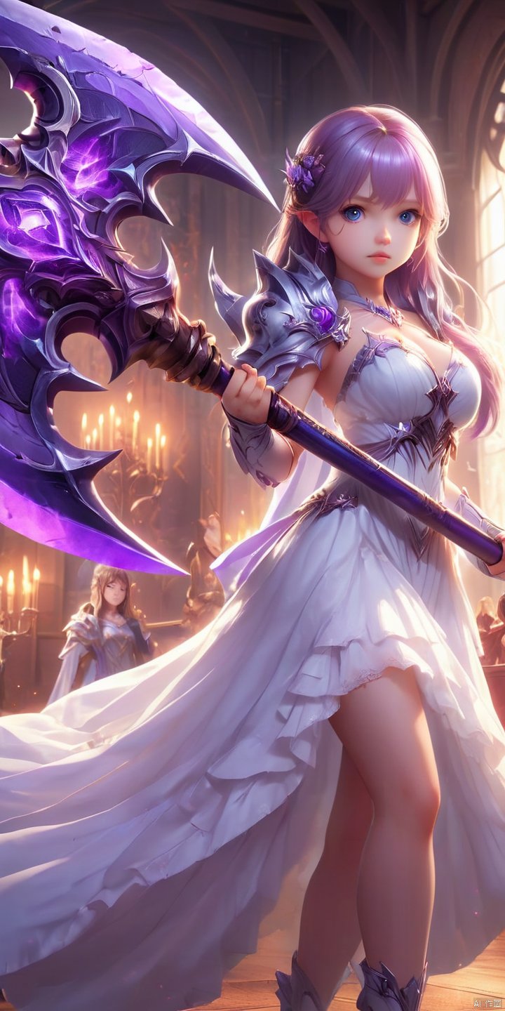 an action shot of a cute little girl wielding a giant purple battleaxe, wearing a white dress, 8K, HD, amazing quality, throneroom in background, anime style, anime, HD, masterpiece, best quality, hyper detailed, ultra detailed, realistic, Atomictits