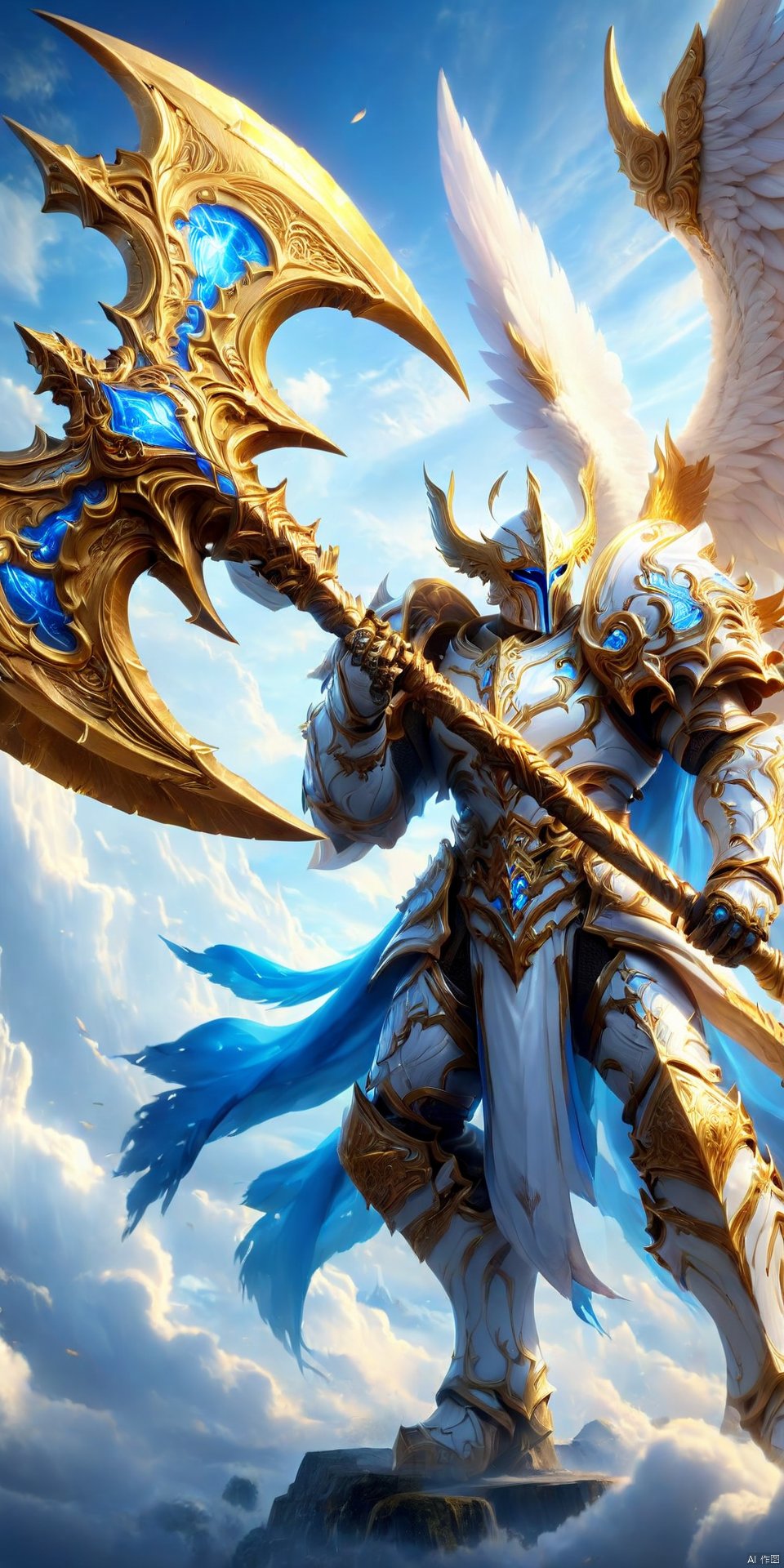 an detailed and realistic image of a fantasy game character wielding a giant golden and blue battleaxe, wearing white armor, angel wings 8K, HD, amazing quality, heaven in background, HD, masterpiece, best quality, hyper detailed, ultra detailed, realistic, Wielding a battleaxe