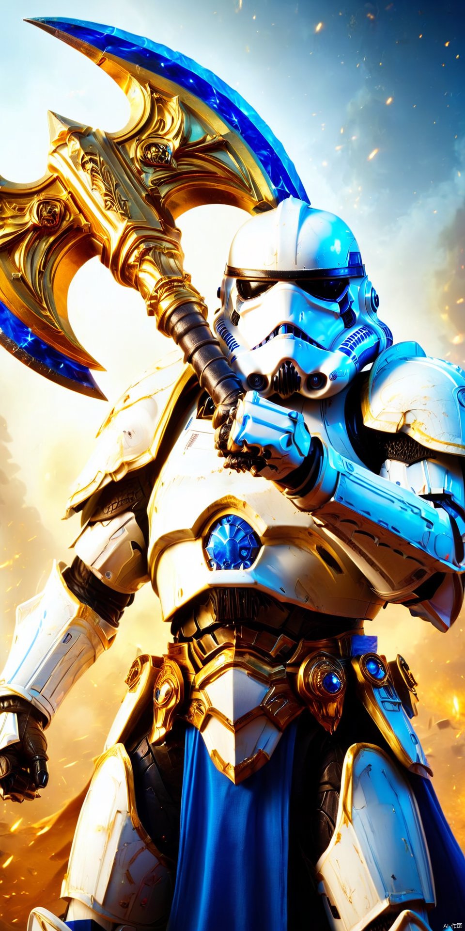 star wars stormtrooper wielding a giant golden and blue battleaxe with sapphires  