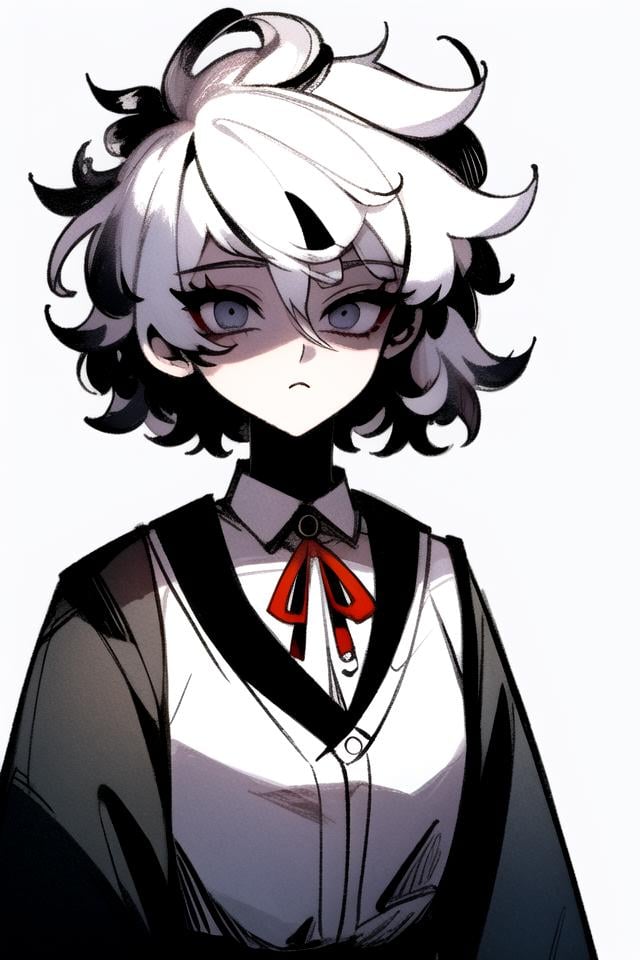 <lora:ManhwaMegaUltimate:1>(highly-stylized), stylized, 1girl, solo, white hair, shirt, red ribbon, ribbon, looking at viewer, short hair, upper body, white eyes, white shirt, grey eyes, hair between eyes, neck ribbon, collared shirt, cardigan, closed mouth, expressionless, jacket, simple background, frills, bangs, white background, long sleeves