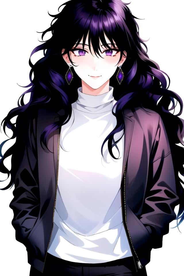 <lora:ManhwaMegaUltimate:1>, casual-style, 1girl, long hair, mole under eye, solo, mole, purple eyes, white background, jewelry, earrings, hands in pockets, looking at viewer, jacket, simple background, black hair, black jacket, sweater, upper body, bangs, smile, closed mouth, wavy hair, shirt, hair between eyes, open clothes, very long hair, long sleeves, purple hair, open jacket, belt, turtleneck, pants, breasts, single earring, (((masterpiece))), (highest quality), best quality, highres, (intricate details), 8K, ((perfect face)), (Mature Face:1.4), (beautiful face:1.15), detailed eyes, messy hair