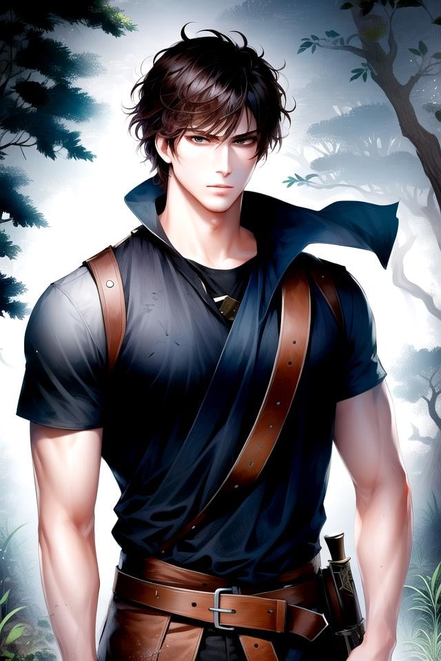 <lora:ManhwaMegaUltimate:1>, (fantasy, fantasy-style), 1boy, male focus, solo, black hair, short hair, black eyes, closed mouth, standing,  bangs, looking at viewer, angry, weapon, sword, holding sword, bandaged arm, torn clothes, belt, cape, short hair, ((cloak, armor)), short sleeves, dirty clothes, brown belt, bandages, shirt, pants, (cowboy shot), tree, outdoors, nature, forest, day, sunlight, plant, scenery, bush, leaf,  (((masterpiece))), (highest quality), best quality, highres, (intricate details), 8K, ((perfect face)), (Mature Face:1.4), (beautiful face:1.15), detailed eyes, messy hair