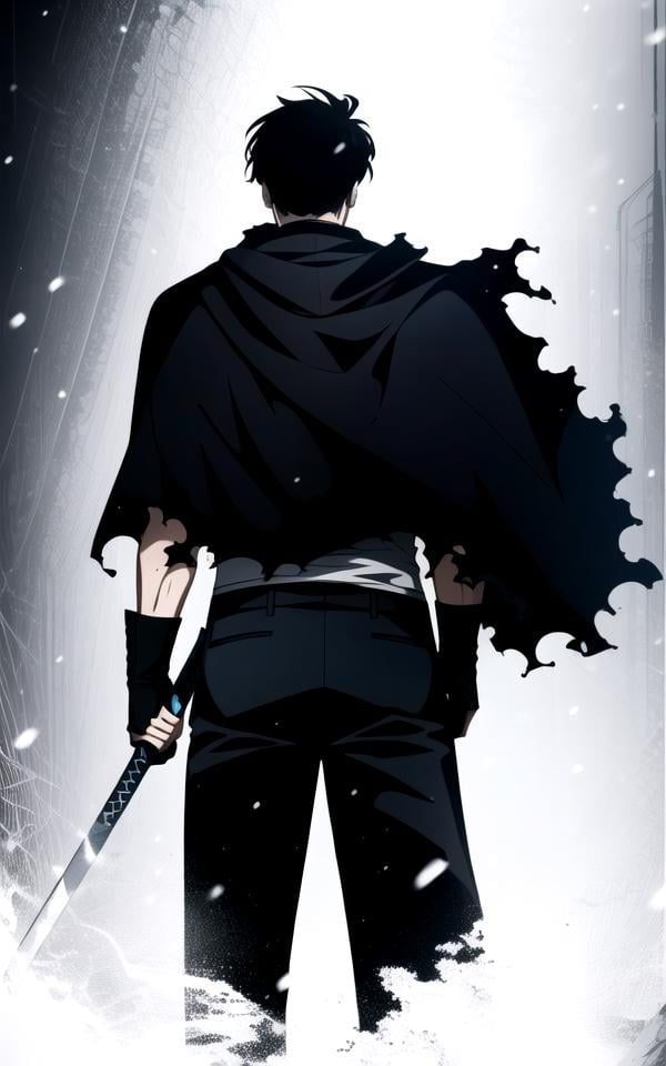 <lora:ManhwaUltima-000039:1>(fantasy-style), 1boy, male focus, weapon, sword, black hair, solo, holding, holding sword, holding weapon, torn clothes, snowing, cape, cloak, ice, from behind, short hair, black shirt, shirt, cloudy sky, pants, snow, cloud, standing, outdoors, grey sky, cowboy shot, sky, muscular, fingerless gloves, katana, looking back, torn cape, gloves, scar, wind, black pants, back(((masterpiece))), (highest quality), best quality, highres, (intricate details), 8K, extremely detailed, Digital Art, (Hyper-Detailed Background:1.2), (realistic background),  (intricate details), award-winning, hyper-detailed, (illustration:1.1), 