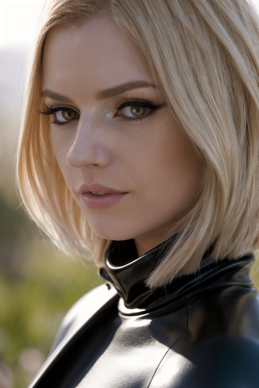 wo_lexbell01,face portrait, blonde, ((serious expression)), wearing a turtleneck leather shiny black outfit, dark eye shadow, eyeliner, 8k, CG unity wallpaper, photorealistic, award-winning photograph, hyper realistic photograph, high quality RAW color photo, 4K, HDR. by (James C. Christensen:1.2|Jeremy Lipking:1.1), sunlight, spring, telephoto lens