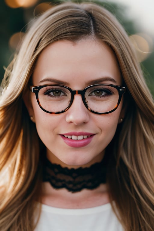 glasses, Sharp Focus, smile, wo_lexbelle01, her expression is sexy with parted lips, long dark blonde hair, (close-up:0.8), low key lighting, shot on Lumix GH5, cinematic bokeh, lace choker, (simple background:1.2), teasing, detailed skin