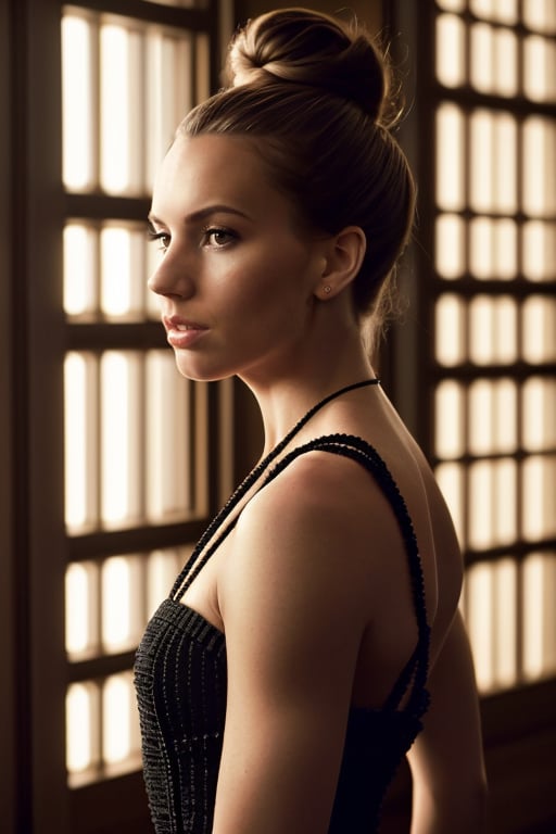 wo_lexbell01, looking away, A low_res photography of a woman with tied in a bun hair, Vanity Fair magazine style, skin details, wearing a black column dress, 8k, high resolution, (((film grain))), high details, masterpiece, cinematic lighting, intricate, realistic, global illumination, ((by david lazar))