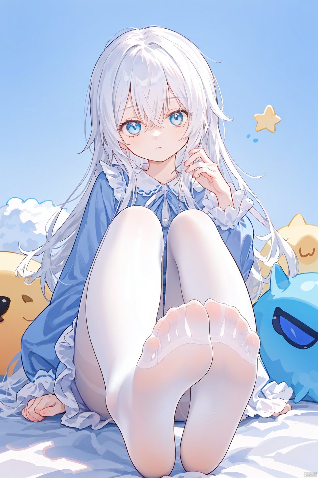  foot focus, 1girl, no shoes, solo, feet, pantyhose, soles, long hair, white pantyhose, looking at viewer, blue eyes, sitting, long sleeves, toes, bangs, foreshortening, hair between eyes, white hair, legs, frills, dress, hand up, thighband pantyhose, full body