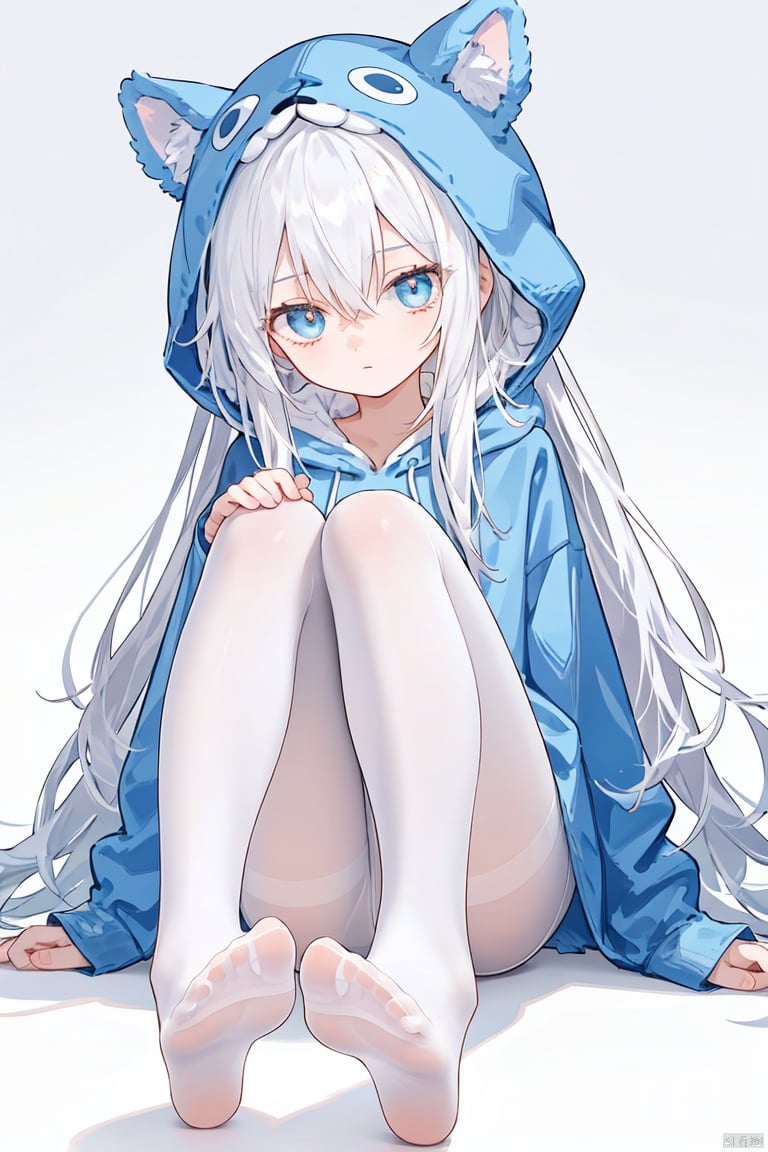 foot focus, 1girl, no shoes, solo, pantyhose, soles, long hair, white pantyhose, feet, bangs, very long hair, white hair, blue eyes, looking at viewer, hood, animal hood, white background, sitting, long sleeves, hood up, closed mouth, toes, hair between eyes, blue headwear, full body, foreshortening, knees up, sleeves past wrists, legs, hat, shadow, gradient, arm support, thighband pantyhose, gradient background