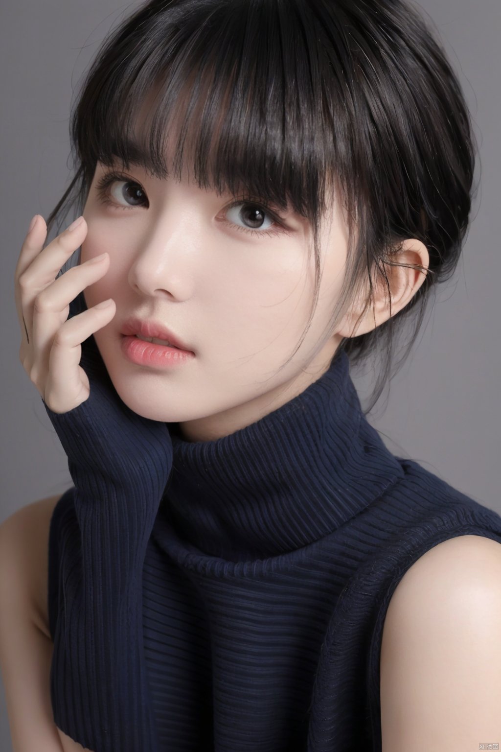 hy, 1girl, solo, black hair, looking at viewer, black eyes, short hair, sleeveless, turtleneck, sweater, head rest, bangs, grey background, lips, upper body, parted lips, turtleneck sweater, sleeveless sweater, hand on own face, realistic