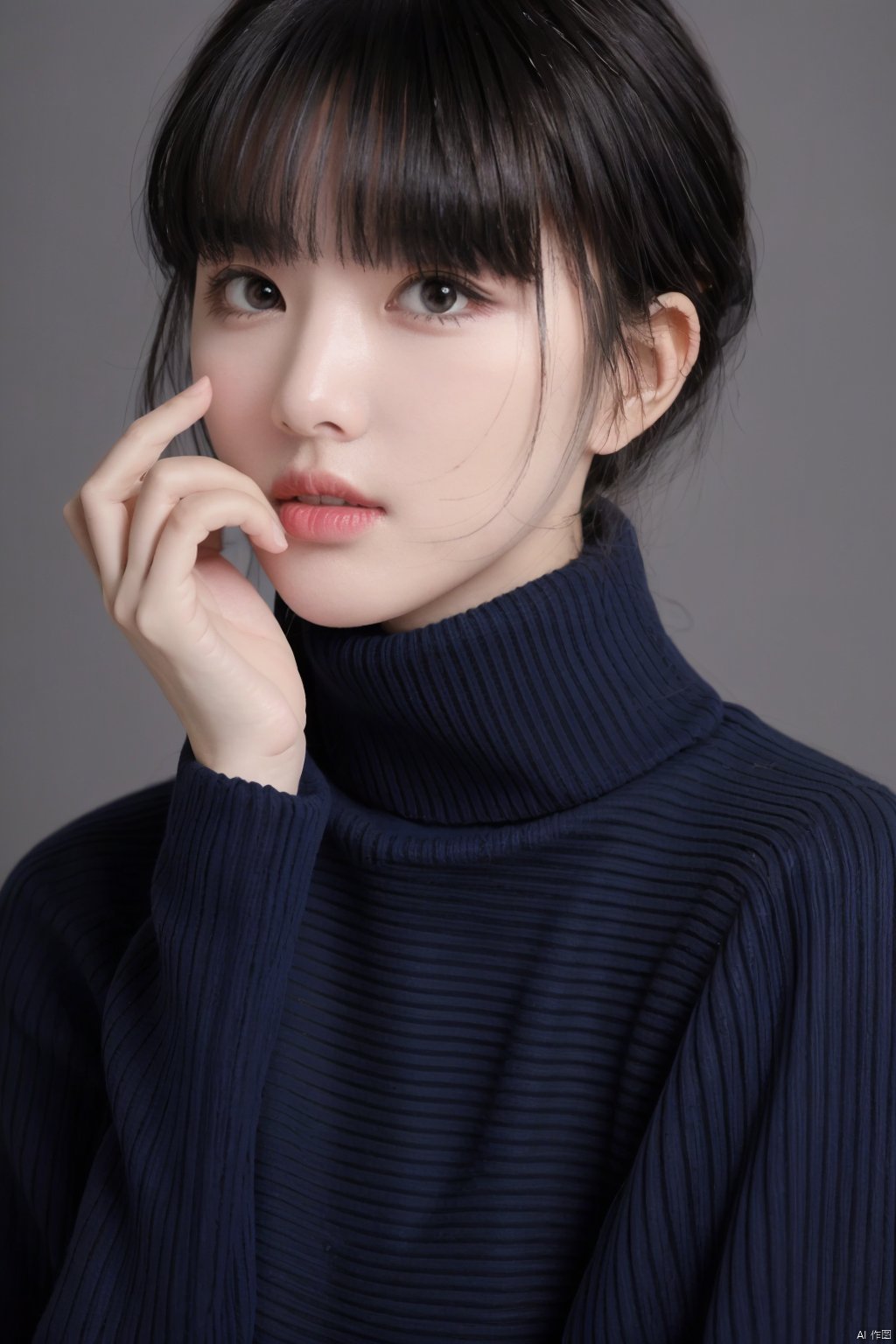 hy, 1girl, solo, black hair, sweater, grey background, turtleneck, bangs, brown eyes, upper body, turtleneck sweater, simple background, blue sweater, blunt bangs, looking at viewer, short hair, covering mouth, hand up