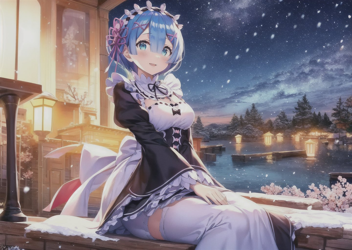 ((masterpiece), best quality, perfect anatomy,rem \(re:zero\),rem,maid,blue hair,1girl,solo,,<lora:rem:0.8>,,stars in the eyes,messy floating hair,colored inner hair,Starry sky adorns hair,depth of field,beautiful detailed sky,night,stars,(red plum blossom),((winter)),(((snowflakes))),((red and white flowers)),(starry sky),(sitting),((colorful)),scenery,lantern,(starfall),,