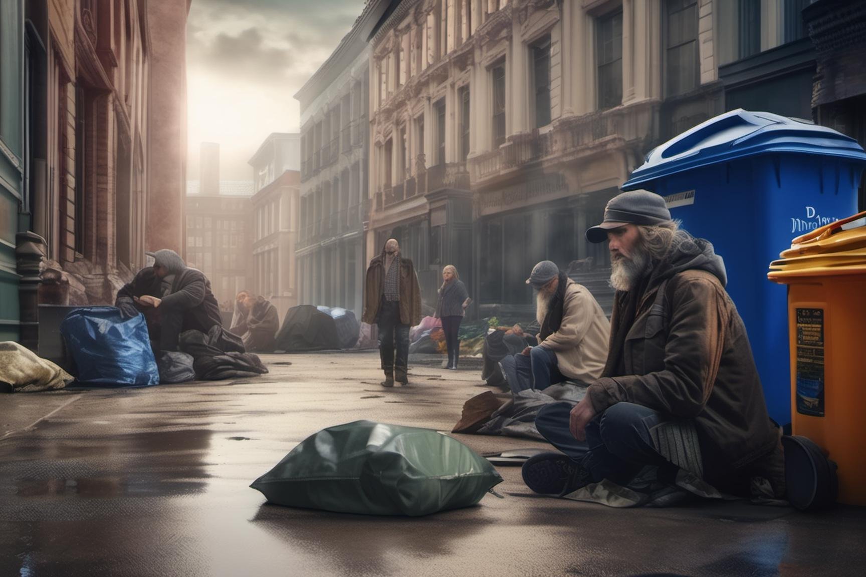 (((masterpiece))),  (((extremely depressing scene of homeless men and women waiving at the camera))),  (they are waiving a...