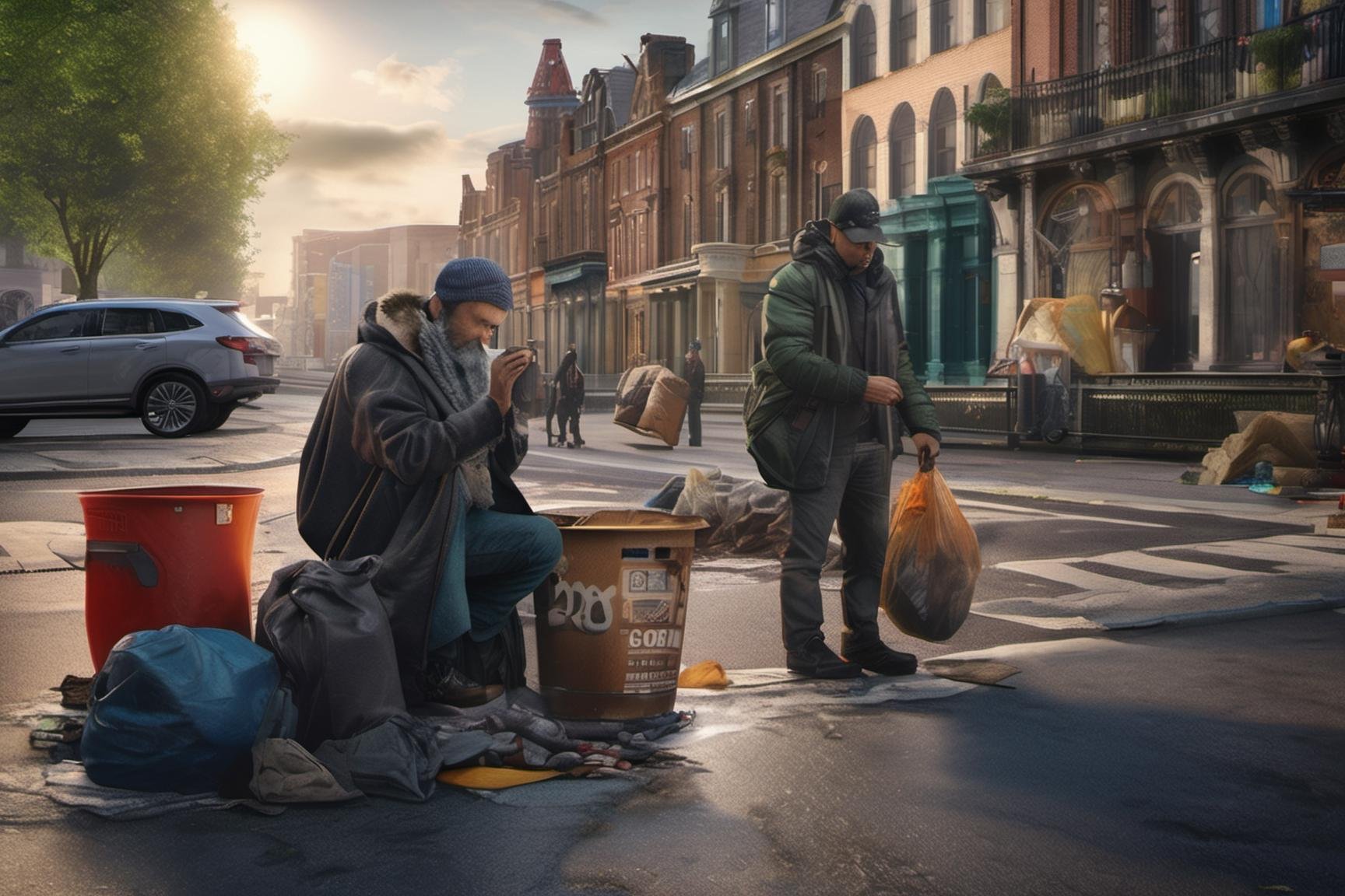 (((masterpiece))),  (((extremely depressing scene of homeless men and women waiving at the camera))),  (they are waiving a...