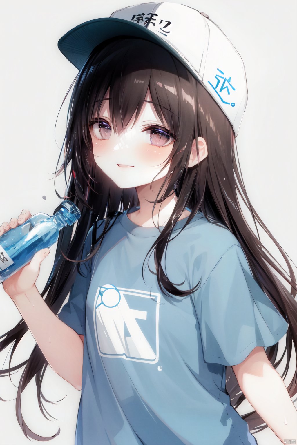 solo, 1girl, bottle, holding bottle, blush, water bottle, holding, dated, brown eyes, hair between eyes, hat, long hair, clothes writing, short sleeves, flat cap, sweat, platelet \(hataraku saibou\), blue shirt, shirt, brown hair, looking at viewer, bangs, character name, open mouth, very long hair, white background, :o, white headwear