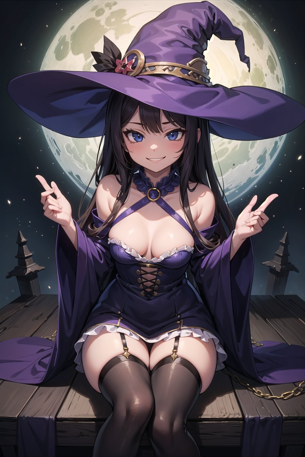 (masterpiece),  fantasy,  1girl,  dress,  frills,  witch hat,  (naughty face,  seductive smile:1.2),  magic,  medium breasts