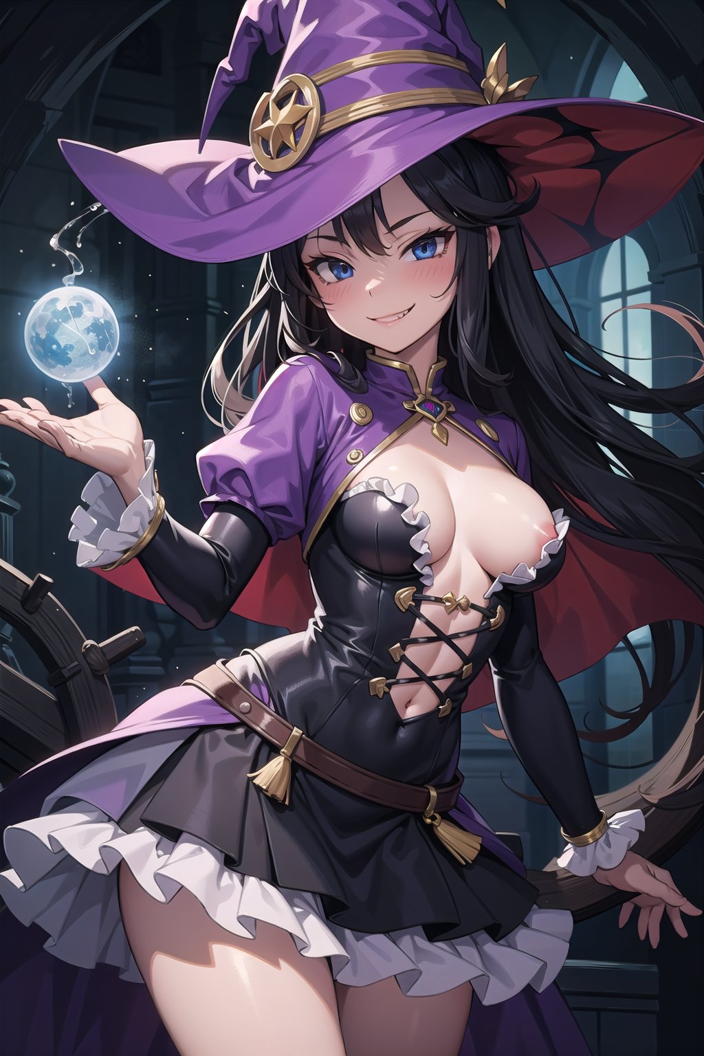 (masterpiece),  fantasy,  1girl,  dress,  frills,  witch hat,  (naughty face,  seductive smile:1.2),  magic,  medium breasts