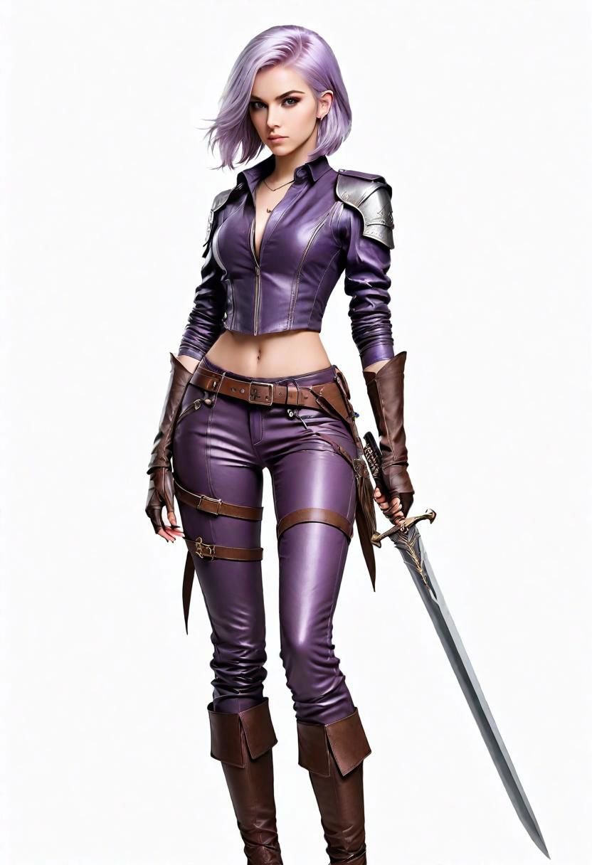 a 20 year old female assassin with shoulder length light purple hair and purple eyes wearing simple brown leather shirt an...
