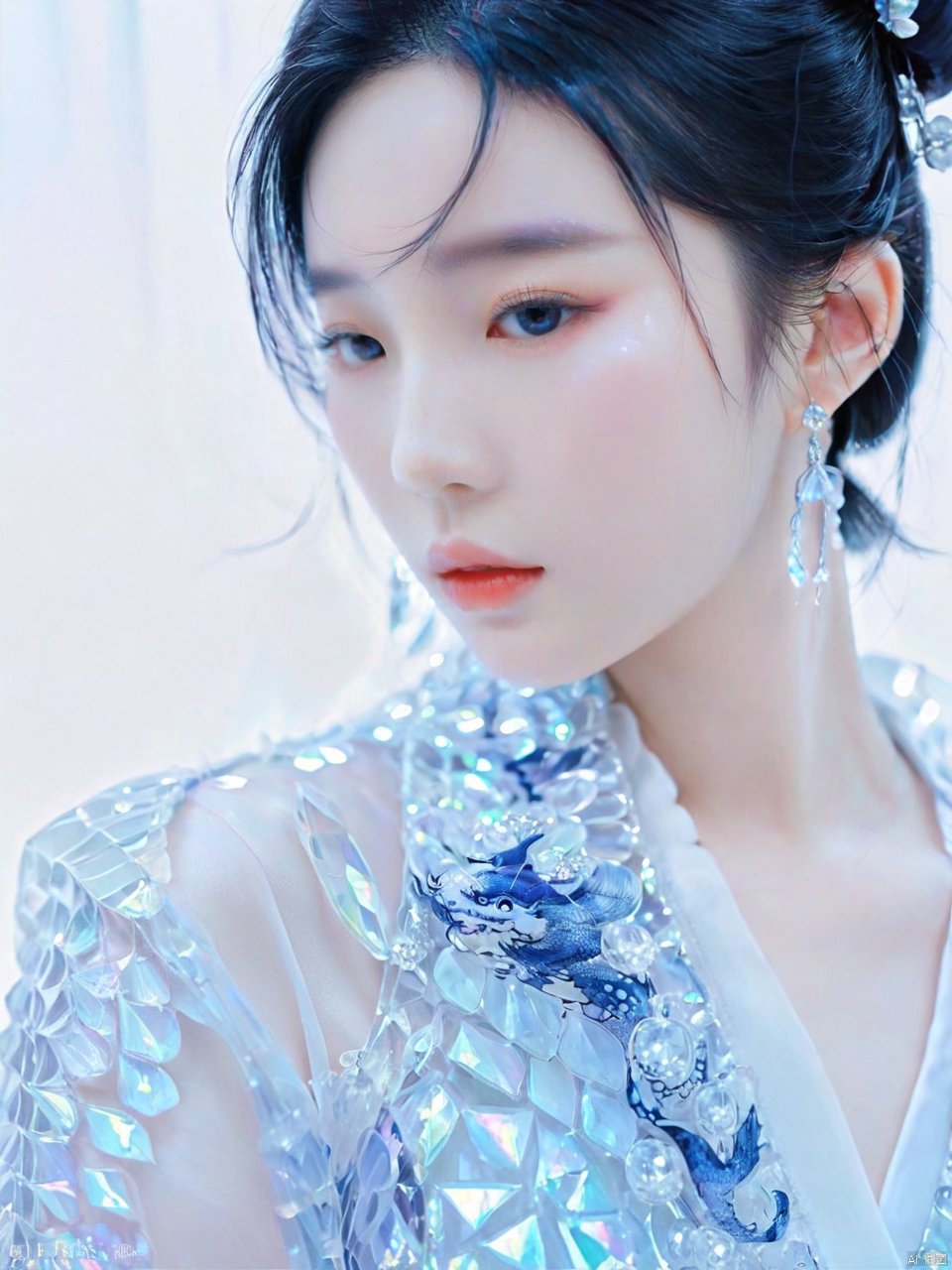  Transparent blue and white porcelain PVC skin, transparent blue and white porcelain colored skin scales, prisms, holography, color difference, fashion illustrations, masterpieces, Chinese dragon and Harajuku fashion, looking at the audience, 8k, super detailed, pixiv