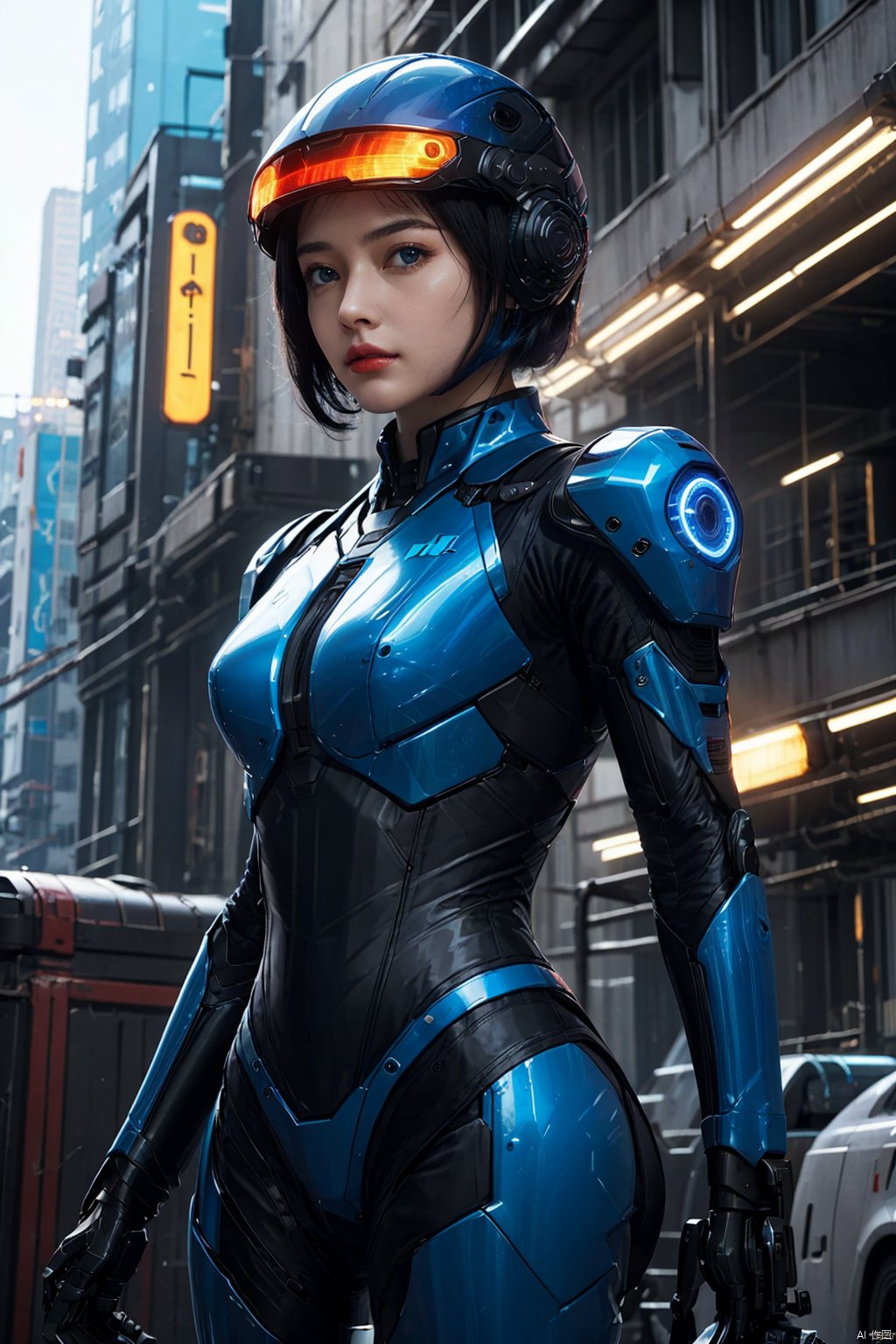  1girl, black hair, blue eyes, breasts, building, city, cyberpunk, glowing, helmet, science fiction, short hair, solo