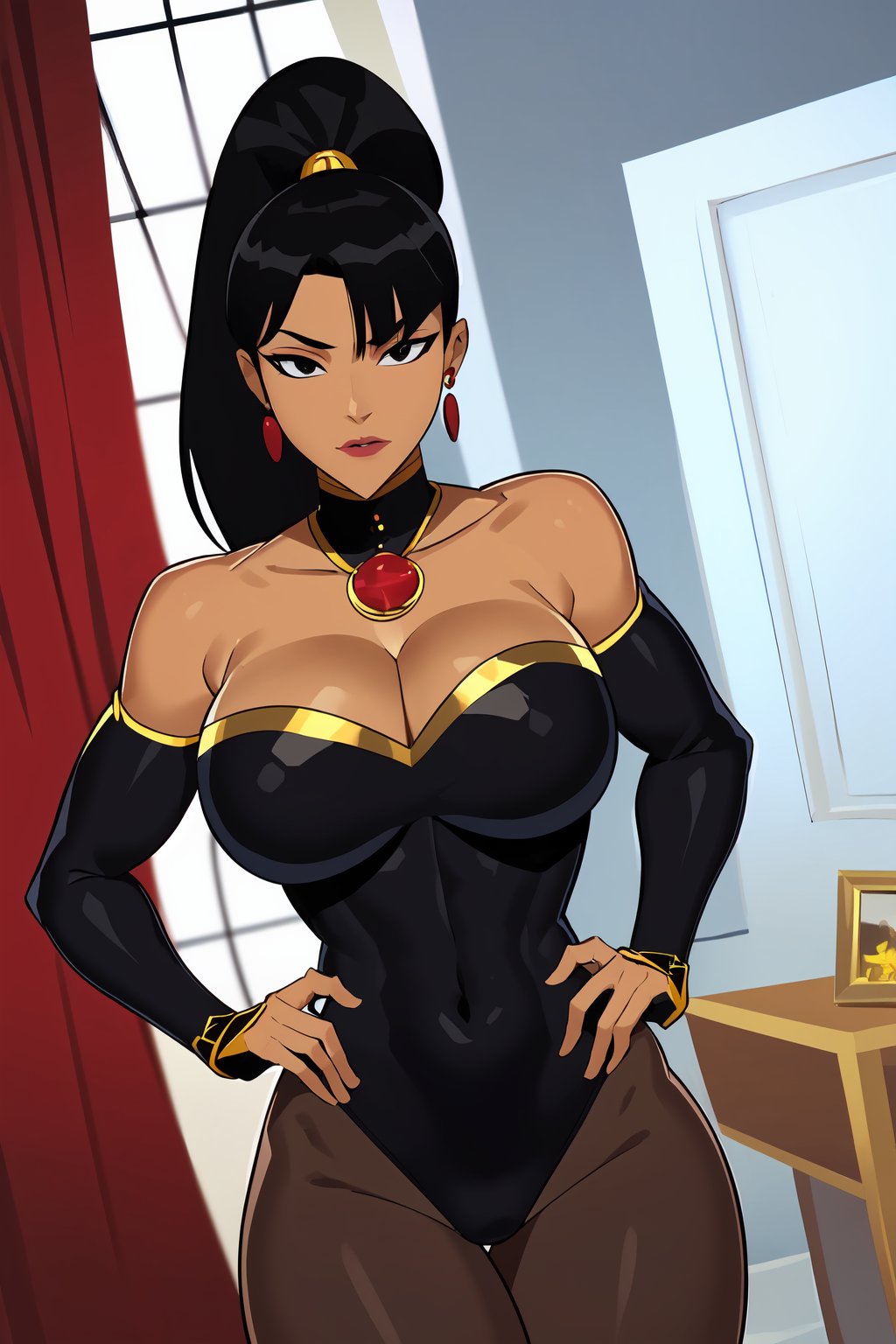  masterpiece, best quality, Superwoman, 1girl, solo, black hair, ponytail, center parted bangs, black eyes, good lips, dark skin, large breasts, cleavage, black tights, fingerless_gloves, out off shoulders, neck rings,  boots, earrings, in room