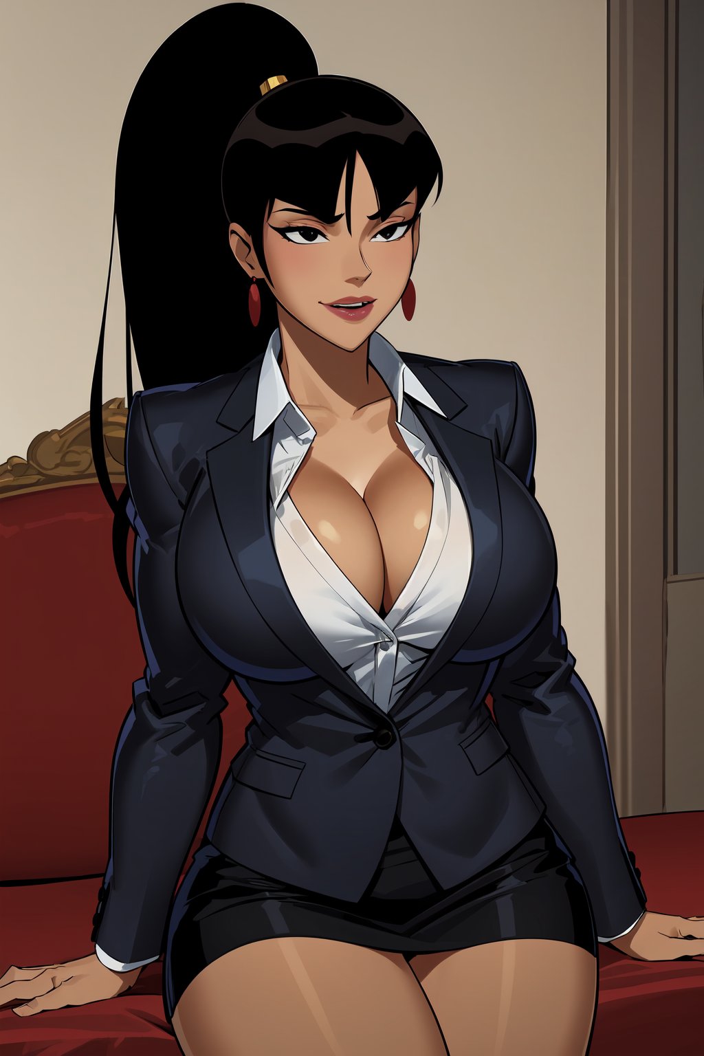  masterpiece, best quality, Superwoman, 1girl, solo, black hair, long ponytail, straight bangs, black eyes, good lips, earrings, happy, brown skin, large breasts, cleavage, suit coat, button_shirt, skirts, stockings, in room