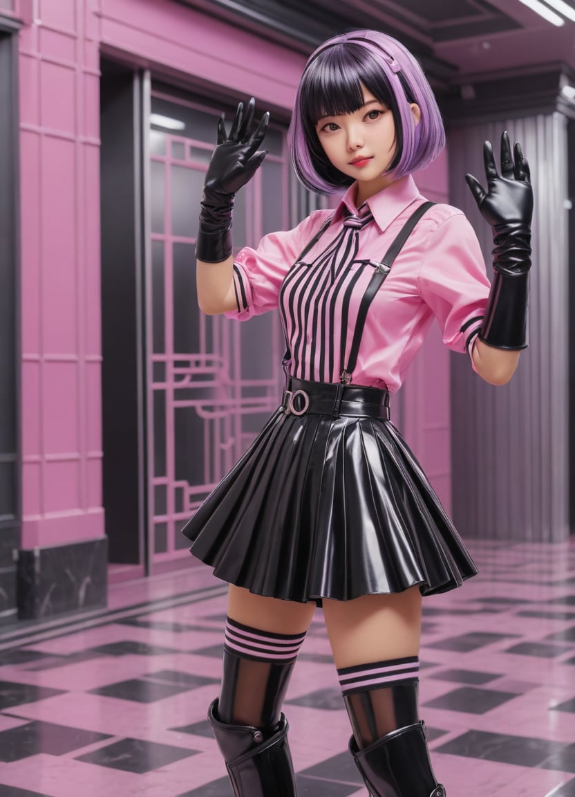 (masterpiece, best quality, ultra detailed), 1girl, solo, cowboy shot, waving, bob cut, two-tone hair, (jirai kei:1.2), pink shirt, black high waist skirt, necktie, black gloves, , striped kneehighs, (gas mask:1.1), reflection, , purple theme, monochrome, marble pattern background,