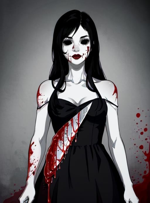 best quality, (masterpiece),(ultra-detailed), (high quality), (high resolution), <lora:jane:0.7>,jane the killer, black hair, long hair, lipstick, white skin, black eyes,knife, dress, blood on face, 