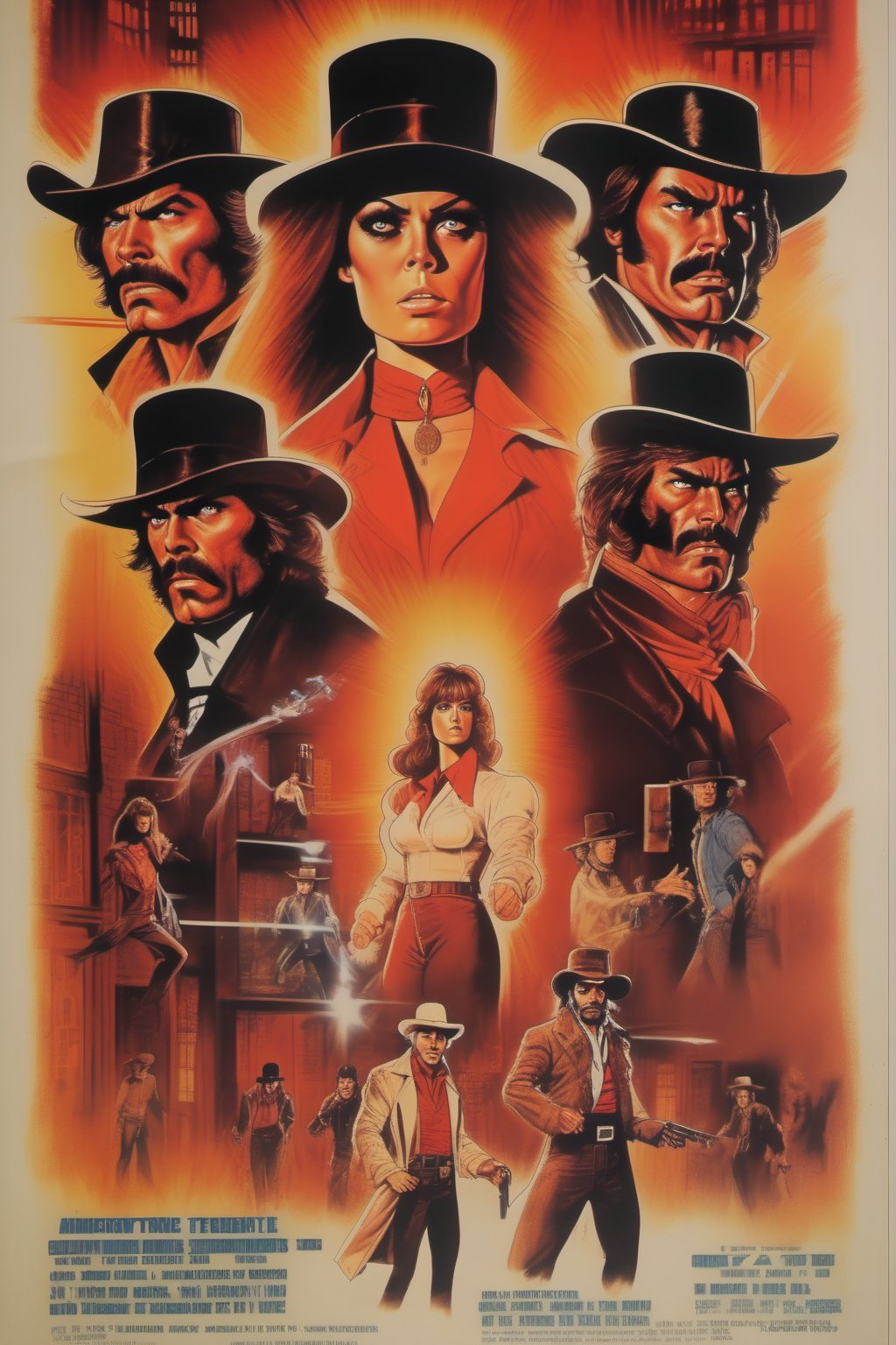 Movie Poster - movie poster for a 1970's action movie about a 1800's female doctor, a priest and 3 cowboys fighting triad members in a alley