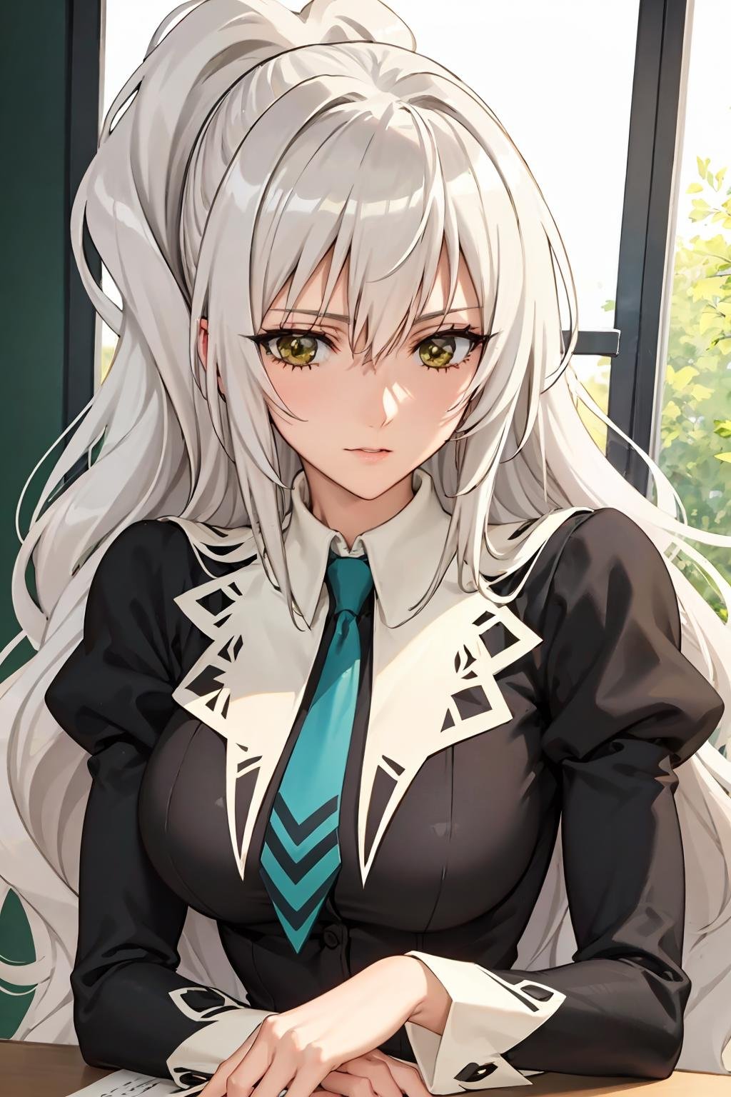 best quality, masterpiece, portrait, (mature female:1.4), hanazono shizuma, silver hair, very long hair, bangs, ponytail, green eyes, large breasts, golden eyes, necktie, black dress, schooloutfit1, juliet sleeves, long sleeves, indoors, classroom, looking at viewer,<lora:Kizuki - Strawberry Panic - Hanazono Shizuma:0.9>