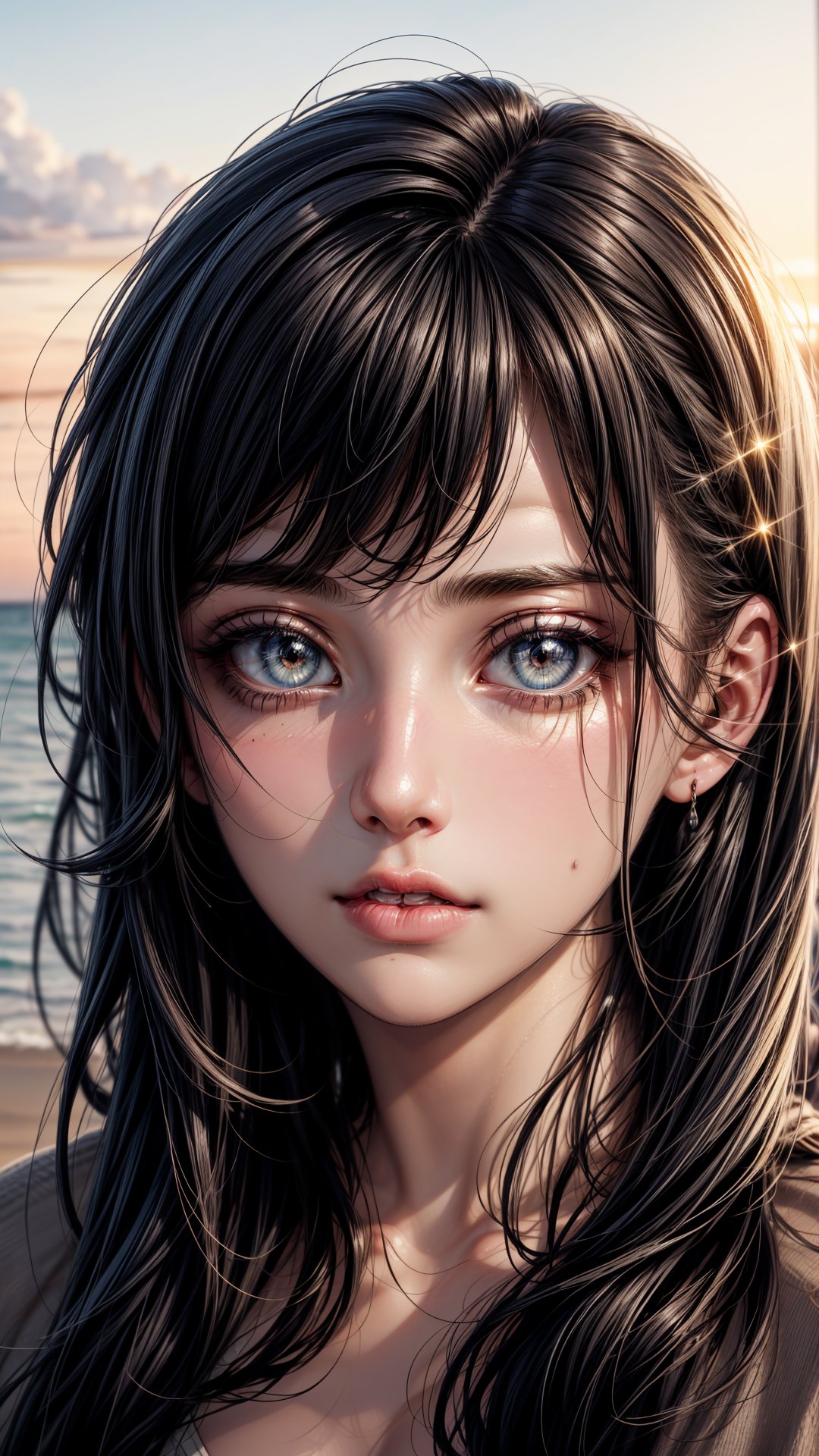 a young female: Natural Lighting,  Silk: Extremely detailed face,  sparkly eyes,  Resting on beach,  sunset,  Beautiful detailed water:0.8, Detailedface,<lora:EMS-179-EMS:0.800000>,<lora:EMS-263-EMS:0.800000>