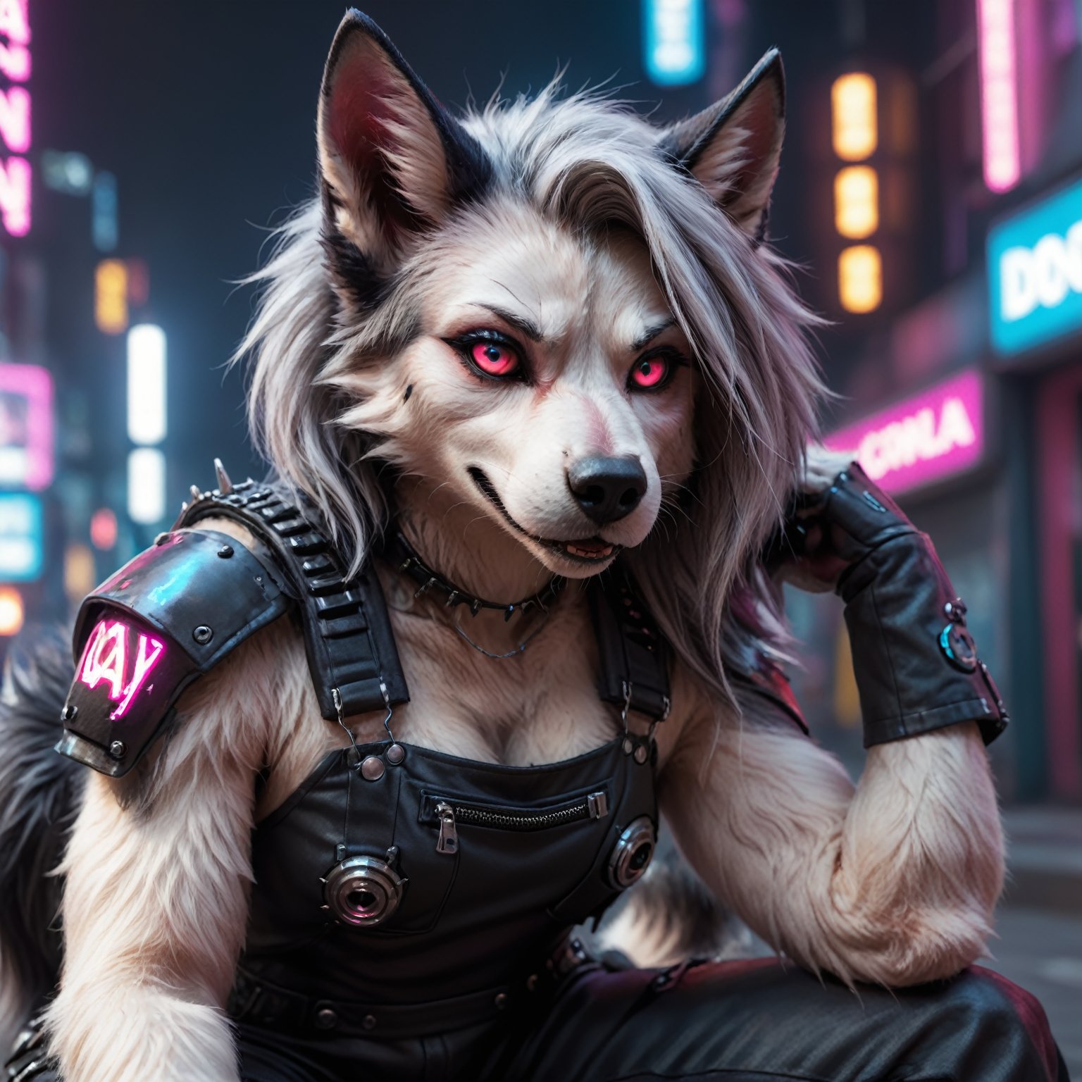 Detailed  Closeup photo of Loona Hellhound detailed 
realistic  fur, sitting  in nightcity, wearing a cyberpunk overall, holding a futuristic gun , neon lights,Loona