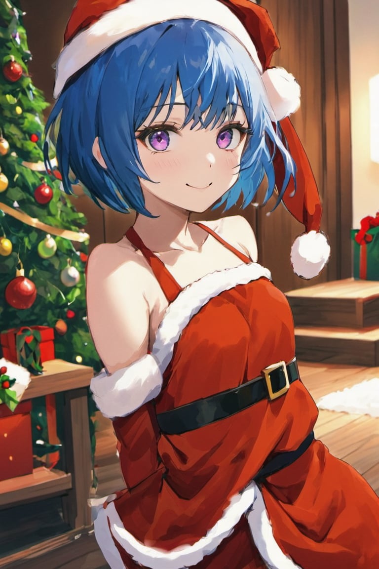 //Quality,
(masterpiece), (best quality), 8k illustration,
//Character,
1girl, solo, smile, 
//Fashion,
santa_costume,
//Background,
indoors, christmas, 
//Others,
1girl ibuki mio short hair blue hair