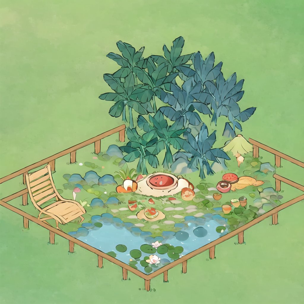 (best quality),(masterpiece),8  Bit  Game,illustration,taoyuan,chair,day,grass,green_background,green_theme,leaf,lily_pad,nature,no_humans,outdoors,plant,potted_plant,scenery,table,tree,tree_stump,flower,food,water,fruit,rock,bush,watermelon,moss,no text,no watermark,<lora:taoyuan-000020:0.9>,