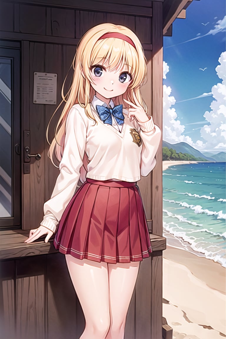 (best picture, best quality, best quality score: 1.3), (sharpest picture quality), perfect beauty: 1.5, blonde, long hair, (school uniform), (red color pleated skirt), pretty girl, yellow sweater, (girl standing on the beach ), (solitude), (best smile), (very beautiful view), (fluttering skirt), (pleated skirt), (pleated skirt),,red uniform, red skirt, hair band