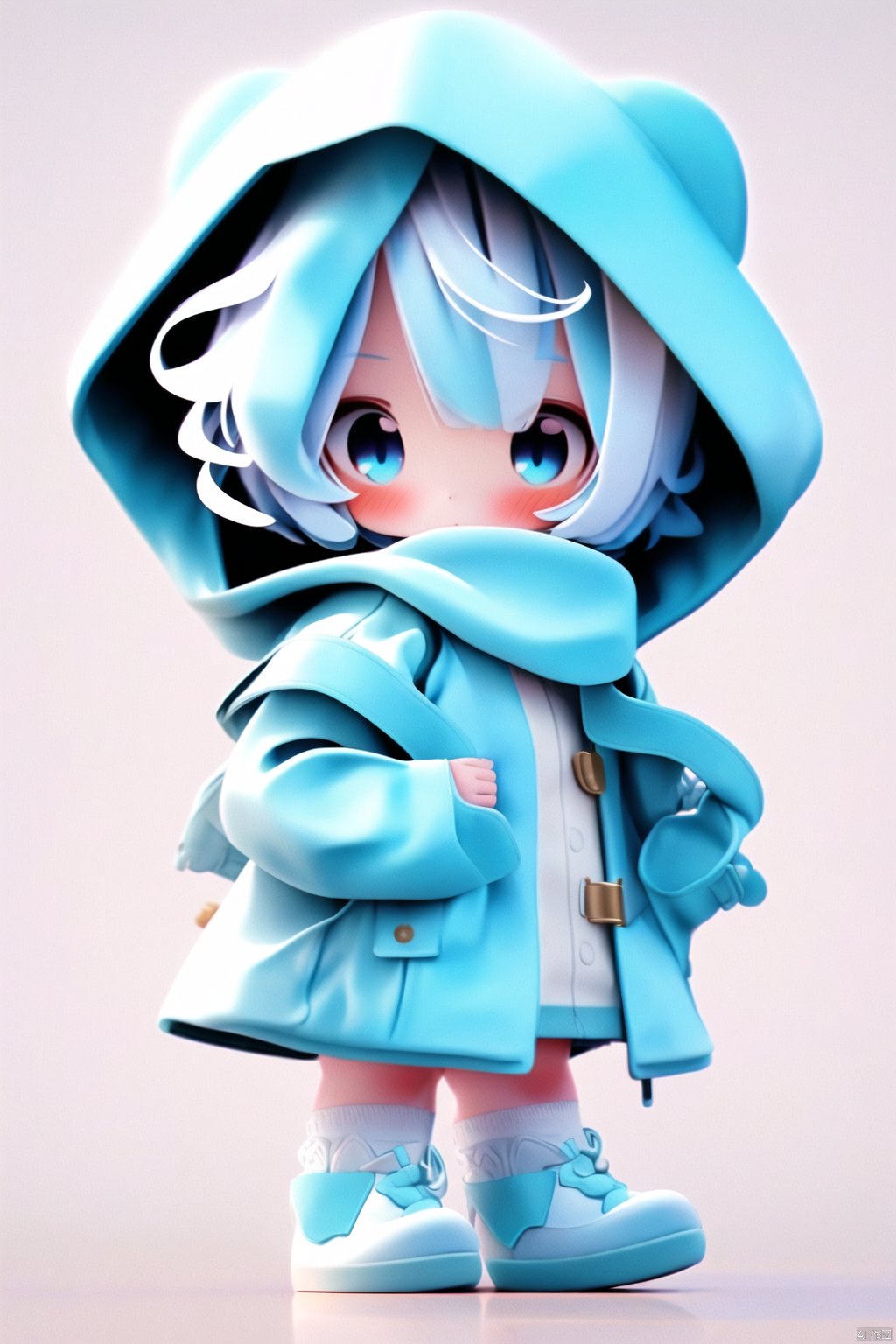 1girl,bag,blue eyes,long sleeves,white background,blush,coat,bangs,standing,blue hair,white footwear,hood,white hair,socks,scarf,short hair,chibi,3D,