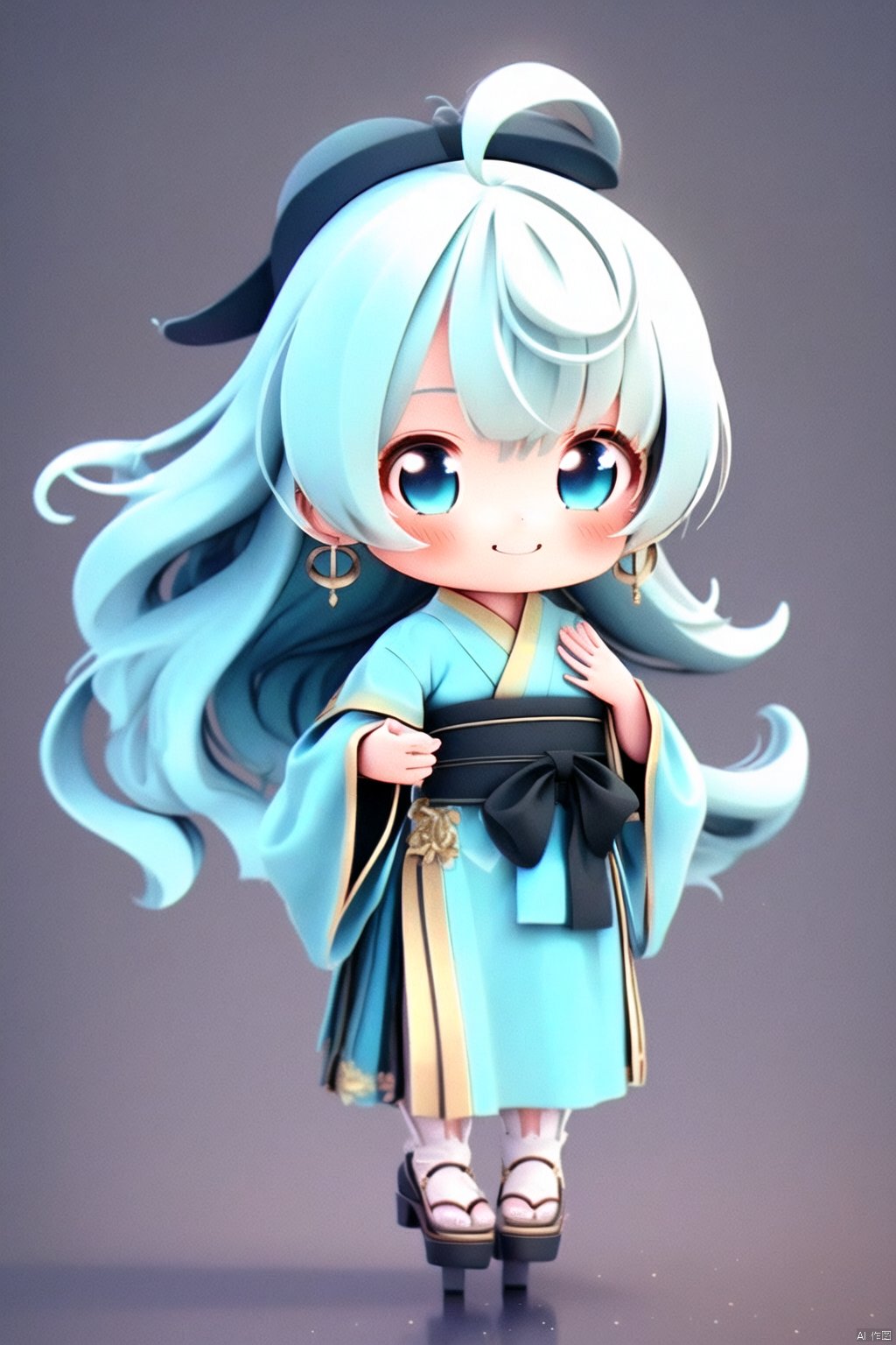 1girl,bangs or bangs of hair,Smile,blue eyes,Blue hanfu,earrings,long,black background,straight hair,chibi,3D,