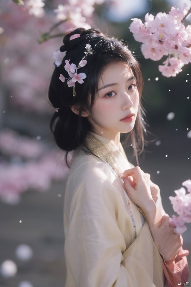 best quality, masterpiece, ultra high res.1girl,pure color background, snowing,with plum blossoms next to her