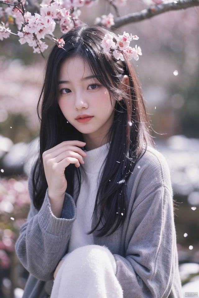 best quality, masterpiece, ultra high res.1girl,pure color background, snowing,with plum blossoms next to her