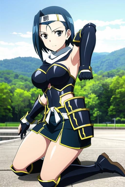 (best quality:1.1), (masterpiece:1.2), 1girl, solo, blue hair, headband, breasts, armor, thighboots, thick thighs, short hair, (pose), outdoors, miniskirt, kneeling, single hair intake