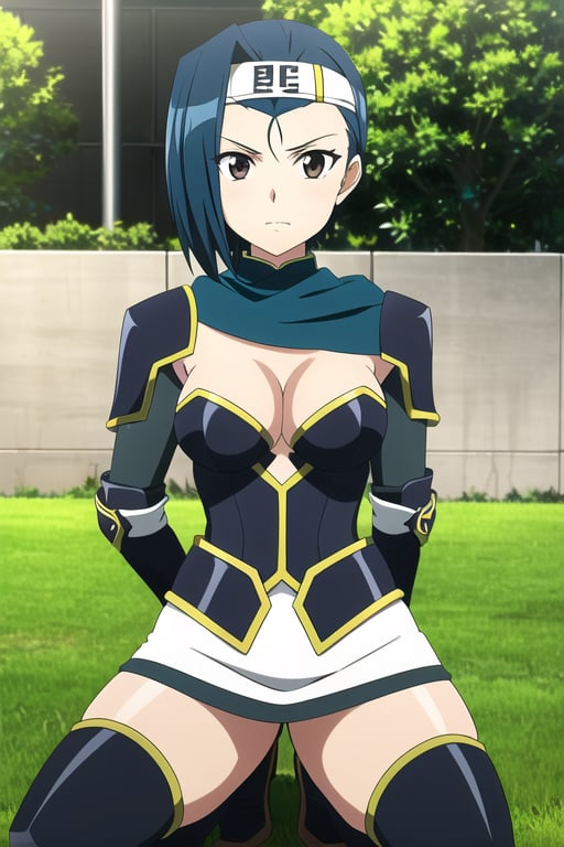 (best quality:1.1), (masterpiece:1.2), 1girl, solo, blue hair, headband, breasts, armor, thighboots, thick thighs, short hair, (pose), outdoors, miniskirt, kneeling, single hair intake